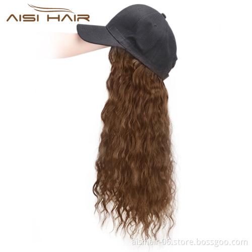 Aisi Hair Synthetic Long Wave Baseball Hat with Hair Light Brown Wavy Women Hats with Hair Wavy Extensions